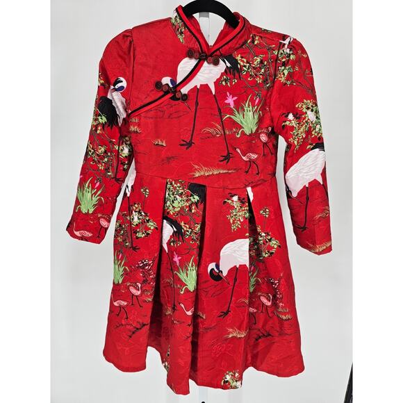 Other - Vintage Girls Sz L red Crane Print Qi Pao Cheongsam Dress Long Sleeve